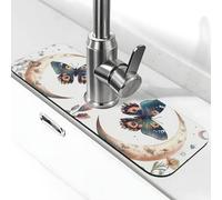 Alfombrilla absorbente para grifo de cocina, fregadero de cocina, protector contra salpicaduras, elegante alfombrilla de grifo de mariposa y flor de media luna, 38 x 14 cm