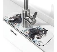 Alfombrilla absorbente para grifo de cocina, fregadero de cocina, protector contra salpicaduras, flor azul, negro, 38 x 14 cm