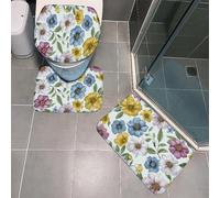 Alfombrilla Baño Antideslizante Flor Azul Rosa Alfombra de Baño Secado Rapido Set 3 Piezas Contorno en Forma de U y Tapa para Tapa Inodoro Bath Mat Decoración del Hogar 50x80 cm