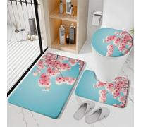 Alfombrilla Baño Antideslizante Flor Azul Rosa Alfombra de Baño Secado Rapido Set 3 Piezas Contorno en Forma de U y Tapa para Tapa Inodoro Bath Mat Decoración del Hogar 50x80 cm