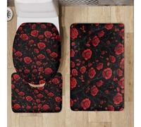 Alfombrilla Baño Antideslizante Flores Rojas Negras Bath Mat Secado Rapido Alfombra de Baño Set 3 Piezas Contorno en Forma de U y Tapa para Tapa Inodoro Bathroom Mat 50x80 cm