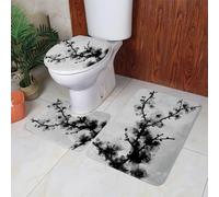 Alfombrilla Baño Antideslizante Ramo Negro Gris Alfombra de Baño Secado Rapido Set 3 Piezas Contorno en Forma de U y Tapa para Tapa Inodoro Bath Mat Decoración del Hogar 50x80 cm