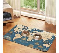 Alfombrilla de alimentación de piel sintética antideslizante para perros y gatos, con estampado de mapa del mundo, parte inferior de goma