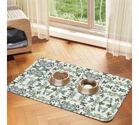 Alfombrilla de alimentación de piel sintética con estampado de hojas de eucalipto verde, absorbente, antideslizante, para perros y gatos, parte inferior de goma