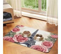 Alfombrilla de alimentación para mascotas, diseño de la Torre Eiffel con diseño de rosas y flores, para comida y cuenco de agua, dispensador de agua, accesorios para perros