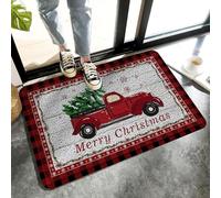 Alfombrilla De Baño Christmas Red Retro Truck Car with Snowflake Xmas Tree On Rustic Wood Estera De Entrada Absorbente Doormats Antideslizante Felpudo para Dormitorio Puerta Cocina 40X60 CM