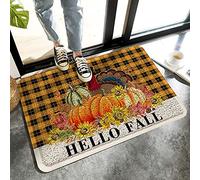 Alfombrilla De Baño Hello Fall Pumpkin Flower Black Plaid Alfombra Entrada Lavable A Máquina Doormats Impermeable Estera De Entrada para Cocina Interior Dormitorio 40X60 CM