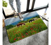 Alfombrilla De Baño Lively Horse On The Prairie with Red Wildflowers Doormats Lavable A Máquina Alfombra Entrada Antideslizante Estera De Entrada por Interior Puerta Dormitorio 40X60 CM