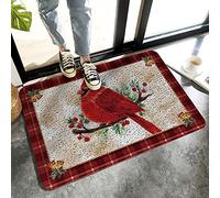 Alfombrilla De Baño Red Bird On Branch Watercolor Painting Red Grid Doormats Antideslizante Felpudo Lavable A Máquina Alfombra Entrada por Cocina Dormitorio Puerta 40X60 CM