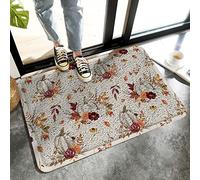 Alfombrilla De Baño Thanksgiving Fall Vintage Pumpkin Flowers Linen Texture Felpudo Lavable A Máquina Estera De Entrada Absorbente Alfombra Entrada para Cocina Dormitorio Puerta 40X60 CM