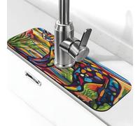 Alfombrilla de cristal de colores con diseño de mosaico de un gato grande, protector contra salpicaduras, almohadilla de succión para grifo de cocina, mango de grifo, bandeja de secado para baño (15 x