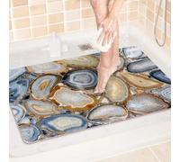 Alfombrilla de ducha antideslizante de lufa cómoda y suave con agujero de drenaje, lavable y de secado rápido, pies de masaje (azul, beige y blanco, 120 x 200 cm)