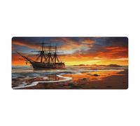 Alfombrilla de escritorio con diseño de barco pirata al atardecer de 16 x 35 pulgadas con bordes cosidos, alfombrilla de ratón grande para juegos, base de goma antideslizante para teclado de PC de o