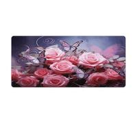 Alfombrilla de escritorio con rosas y mariposas de 40,6 x 89,4 cm con bordes cosidos, alfombrilla de ratón grande para juegos, base de goma antideslizante para teclado de PC, portátil y trabajo en c