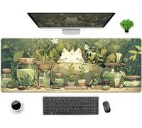 Alfombrilla de escritorio grande con diseño de gato blanco Kawaii, diseño de anime y hojas verdes, para juegos, alfombrilla de mouse extendida XL, accesorios de escritorio para mujeres, decoración de