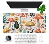 Alfombrilla de escritorio para juegos, dibujada a mano, diseño de hongos y hojas, grande, de 35.4 x 15.7 pulgadas, con base antideslizante y borde cosido, alfombrilla larga para teclado de computadora