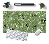Alfombrilla de escritorio verde XL con diseño de gato lindo y vegetal, tapete para teclado, tapete de ratón con flores de gato negro Kawaii, tapete de escritorio verde con bordes cosidos,