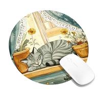 Alfombrilla de mouse acogedora con diseño de gato durmiendo con ventana para dormir, diseño de gato de acuarela gris suave, inspirado en primavera, antideslizante, lavable, para el hogar y la oficina
