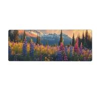 Alfombrilla de mouse con base de goma antideslizante con bordes cosidos, para computadora de juegos, escritorio grande, 11.8 x 31.5 pulgadas, puesta de sol en montañas altas y macizos de flores