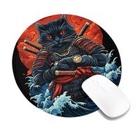 Alfombrilla de mouse con diseño de gato samurai negro, rojo y azul, diseño retro de guerrero japonés, tapete de escritorio con borde cosido para juegos y oficina, antideslizante, lavable, para el