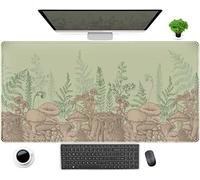 Alfombrilla de mouse con diseño de hojas verdes, color beige, con hongos de bosque, XXL, grande, extendida, para juegos, 31.5 x 15.75 pulgadas, alfombrilla de mouse para teclado y mouse para