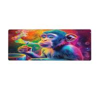 Alfombrilla de mouse con diseño de primate colorido con un mono que lleva una taza de café en una gran base de goma antideslizante extendida con bordes cosidos, alfombrilla de mouse grande para