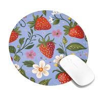 Alfombrilla de mouse con patrón de fresa de primavera, diseño floral azul con bayas rojas, borde cosido, antideslizante, para computadora doméstica y oficina, portátil, redonda, 8 x 8 pulgadas