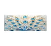 Alfombrilla de mouse con plumas azules y blancas en gran base de goma antideslizante con bordes cosidos, alfombrilla de mouse grande para computadora de juegos, 11.8 x 31.5 pulgadas