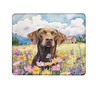 Alfombrilla de mouse cuadrada de escritorio floral de primavera, diseño de perro de acuarela marrón con borde cosido de flores, alfombrilla de mouse de goma antideslizante lavable para computadora
