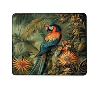 Alfombrilla de mouse cuadrada de loro tropical, alfombrilla de mouse con borde cosido de flora verde vibrante y naranja, alfombrilla de mouse de goma antideslizante lavable para uso doméstico y