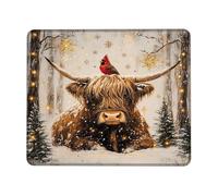 Alfombrilla de mouse de vaca de las tierras altas de invierno, alfombrilla de mouse de borde cosido con escena de nieve cardenal marrón y rojo, alfombrilla de mouse de goma antideslizante lavable para