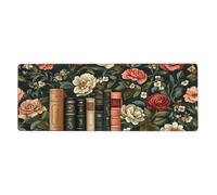 Alfombrilla de mouse grande con diseño de flores y texto en inglés "Book Stand Among The Flowers", alfombrilla de mouse grande con bordes cosidos, base de goma antideslizante para decoración de