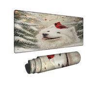 Alfombrilla de mouse grande con diseño de perro nevado de invierno, samoyedo blanco con borde cosido cardenal rojo, alfombrilla de mouse de goma antideslizante lavable para computadora doméstica y