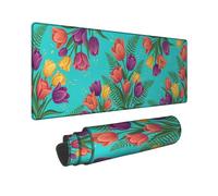 Alfombrilla de mouse grande con diseño de tulipanes, flores de helecho vibrante primavera, turquesa, goma, lavable, decoración para el hogar, oficina, trabajo, escritorio de juegos, 12 x 32 pulgadas