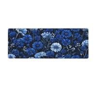 Alfombrilla de mouse grande con estampado floral de flores azules y blancas con bordes cosidos, base de goma antideslizante para decoración de escritorio de oficina y hogar, 31.5 x 11.8 pulgadas