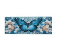 Alfombrilla de mouse grande con estampado floral de mariposas azul mar con bordes cosidos, base de goma antideslizante para decoración de escritorio de oficina y hogar, 31.5 x 11.8 pulgadas
