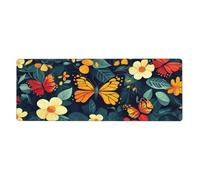 Alfombrilla de mouse grande con estampado floral de mariposas y flores blancas con bordes cosidos, base de goma antideslizante para decoración de escritorio de oficina y hogar, 31.5 x 11.8 pulgadas