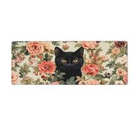 Alfombrilla de mouse grande con estampado floral de The Black Cat Is Among The Flowers- Alfombrilla de mouse grande con bordes cosidos, base de goma antideslizante larga para decoración de escritorio