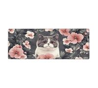 Alfombrilla de mouse grande con estampado floral de The Cat Is Among The Flowers- Alfombrilla de mouse grande con bordes cosidos, base de goma antideslizante larga para decoración de escritorio de