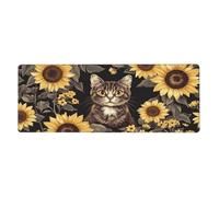Alfombrilla de mouse grande con estampado floral de The Cat Is Among The Sunflowers, alfombrilla de mouse grande con bordes cosidos, base de goma antideslizante larga para decoración de escritorio de