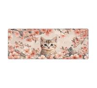 Alfombrilla de mouse grande con estampado floral de The Lovely Cat Is Among The Flowers- Alfombrilla de mouse grande con bordes cosidos, base de goma antideslizante larga para decoración de escritorio