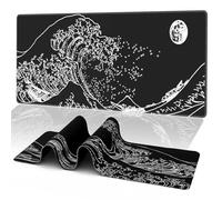 Alfombrilla de mouse japonesa negra para juegos para escritorio, alfombrilla de mouse grande para juegos, anime, ola de mar, Kanagawa, 3 mm de largo, base de goma antideslizante, impermeable, grande,