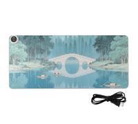 Alfombrilla de mouse para juegos con calefacción de cuero azul de Lake Mountain Bridge de estilo chino, 31.5 x 13 pulgadas, almohadilla antideslizante para teclado para el hogar, oficina, escritorio