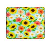 Alfombrilla de mouse pequeña con diseño de girasol, diseño floral vibrante de crisantemo, hibisco, verano, amarillo, cuadrado, de goma, antideslizante, ideal para el hogar, oficina, escritorio, laptop