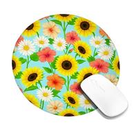 Alfombrilla de mouse pequeña con diseño de girasol, diseño floral vibrante de crisantemo, hibisco, verano, amarillo, redondo, de goma, suave, mini alfombrilla de mouse de viaje, accesorios para