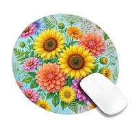 Alfombrilla de mouse pequeña con diseño de girasol, floral vibrante de dalia y zinnia, color amarillo, redonda, de goma, lavable, ideal para escritorio, oficina, laptop, jugadores, regalo redondo de 8