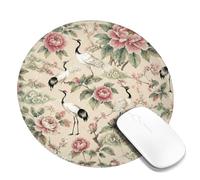 Alfombrilla de mouse pequeña con diseño de grulla, diseño tradicional de ramas de peonía floral, melocotón, redondo, de goma, borde suave, accesorios de escritorio para computadora de juegos, laptop