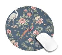 Alfombrilla de mouse pequeña con diseño de grulla, peonía tropical floral, primavera, azul, redonda, de goma, antideslizante, portátil, ideal para el hogar, oficina, escritorio, laptop, jugadores