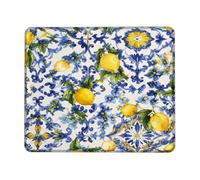 Alfombrilla de mouse pequeña con diseño de limón, flores mediterráneas, remolino azul, verano, amarillo, cuadrado, de goma, antideslizante, con borde cosido, decoración para el hogar, oficina, trabajo