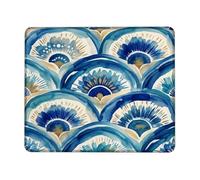 Alfombrilla de mouse pequeña con diseño de pavo real, diseño de ondas de abanico elegante N/A azul cuadrado de goma con borde cosido suave, decoración de escritorio para oficina, hogar, dormitorio